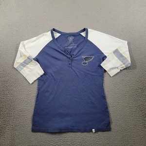 St Louis Blues Shirt Womens Medium Blue White Henley Vneck 3/4 Sleeve‎ Tee